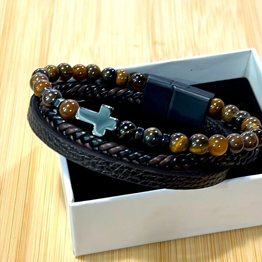 Brand New Men's Beaded Braided Leather Metal Cross Bracelet Magnetic Clasp